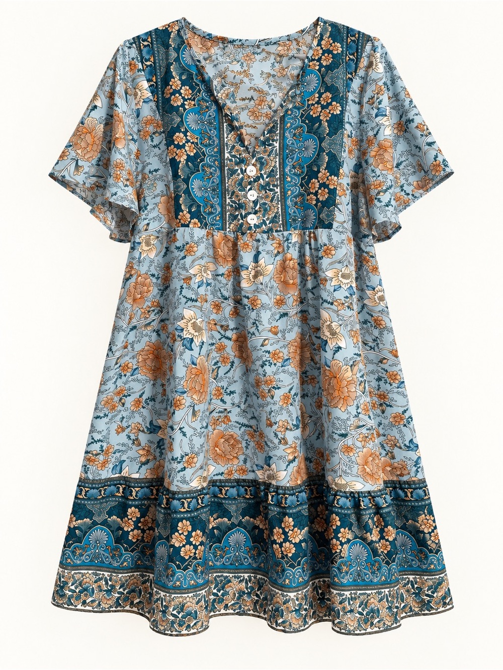 SHEIN Blue Floral Border Print Flutter Sleeve Dress | XL / US 12